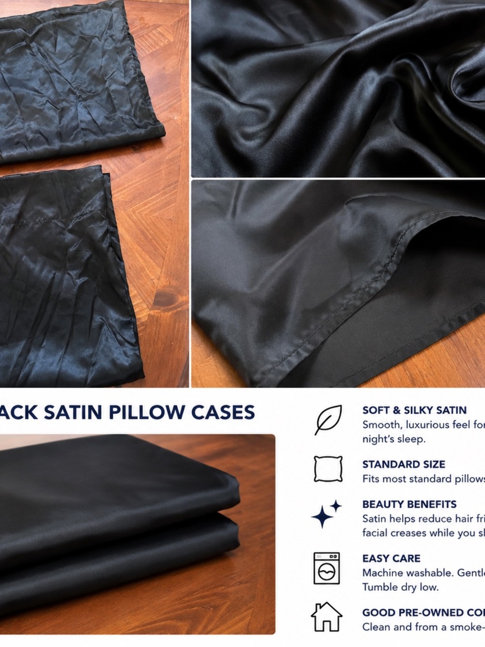 Black Satin Pillowcases - Smooth Silky Set